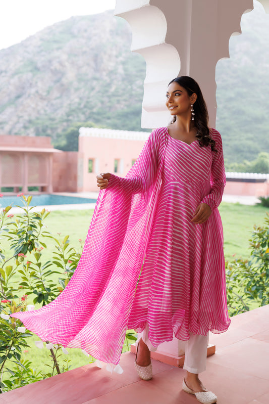 Rosebloom Leheriya Pink Kurta Set