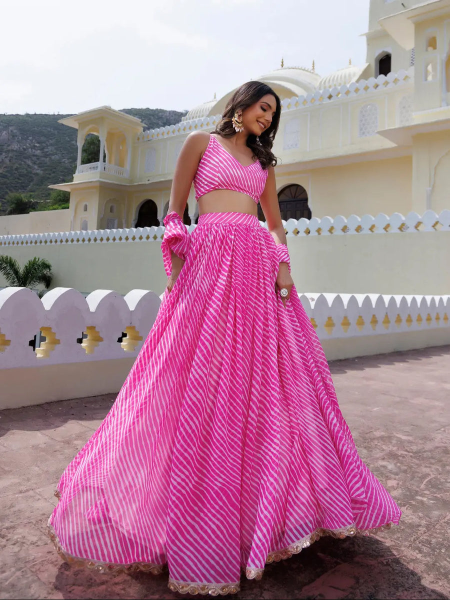Pink Leheriya Ripple Lehenga (Skirt + Dupatta) (Without Blouse) main image 0