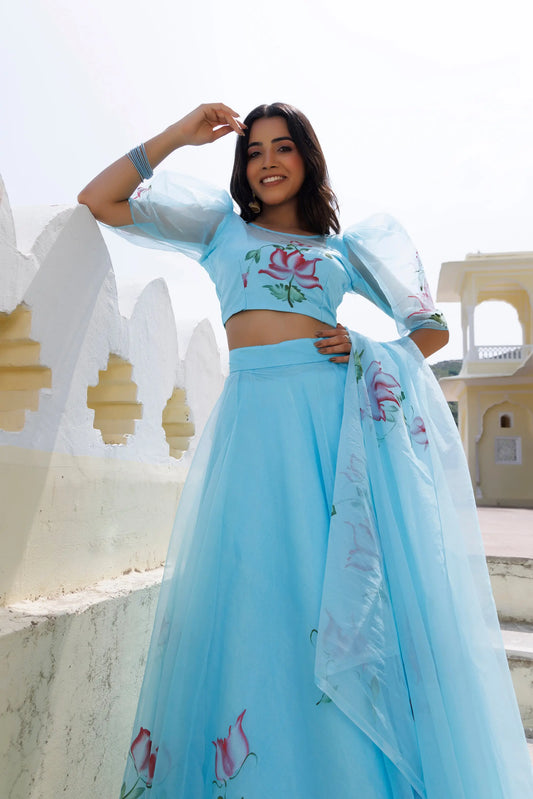Clearwater Blue Brush Paint Lehenga Set Ragavi