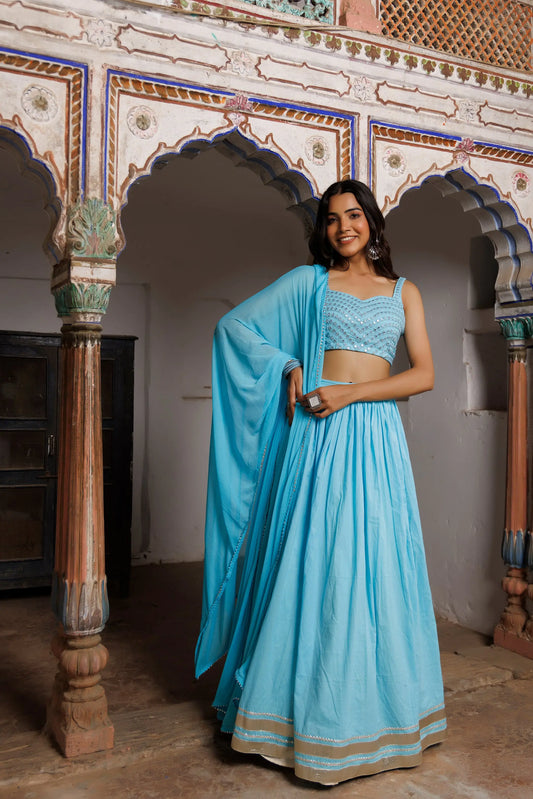 Tanager Turquoise Blue Embroidered Lehenga Set Ragavi