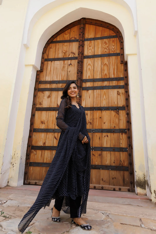 Charcoal Black Art Leheriya Kurta Set Ragavi