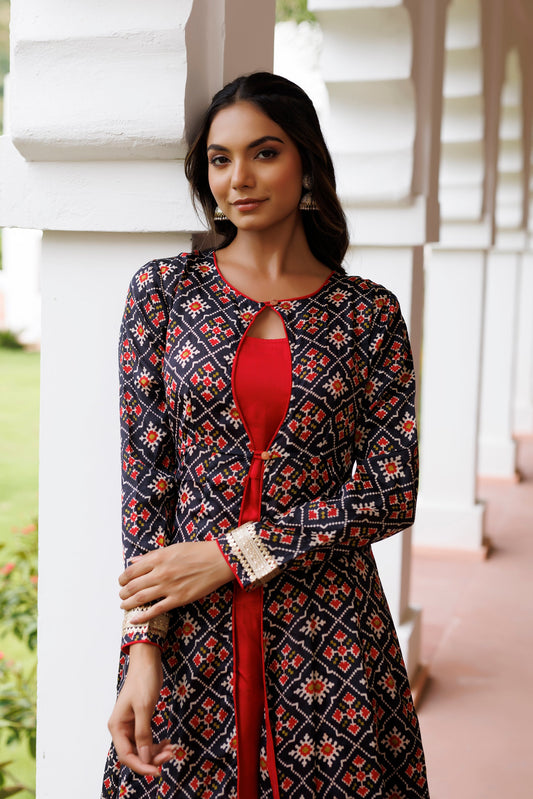 Black and Red Patola Printed Kurta Set Ragavi
