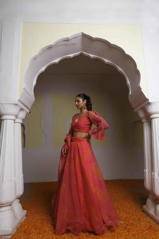 Georgia Peach Coral Lehenga Set Ragavi