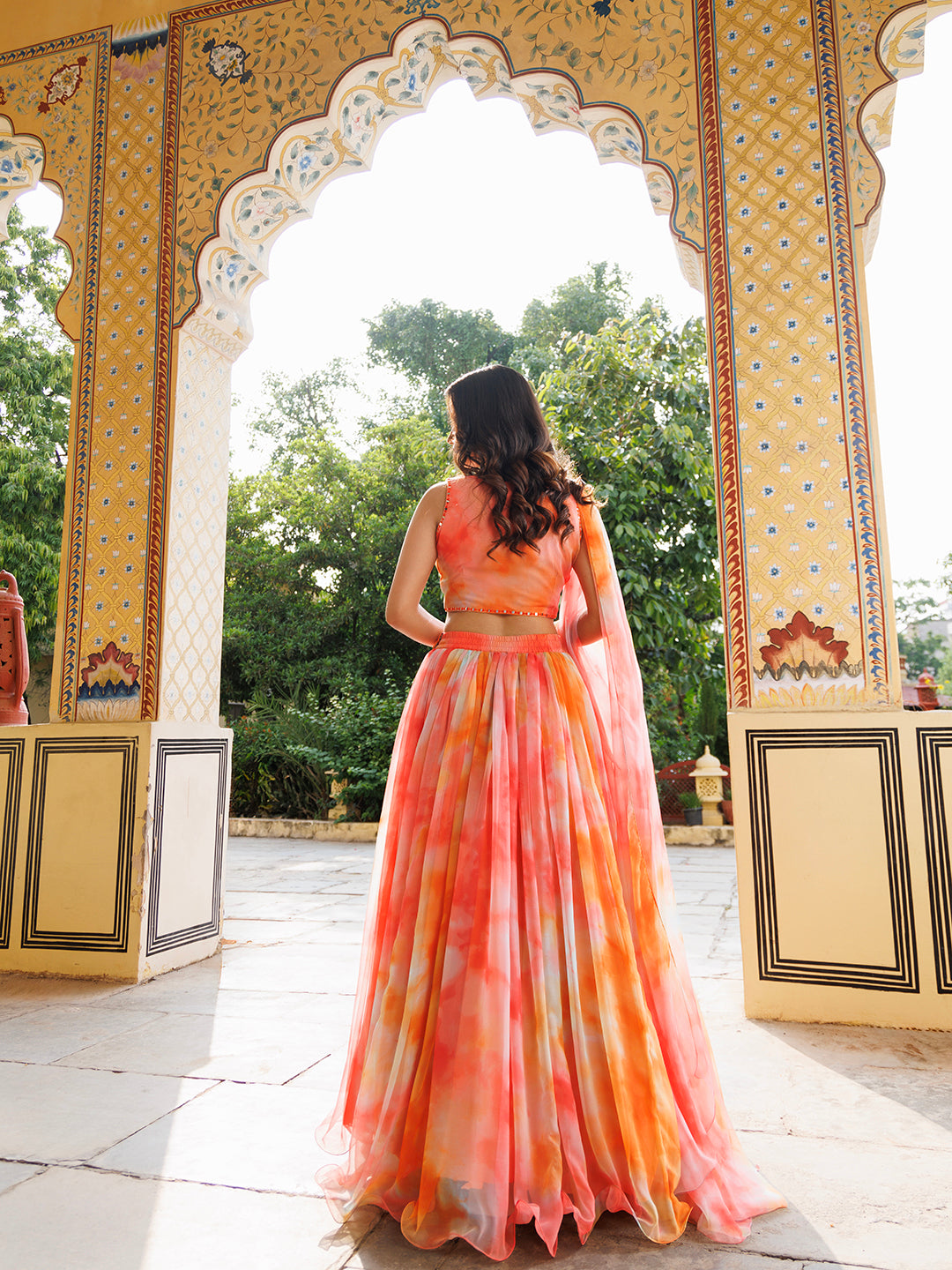 Amberglow Orange Pink Chiffon Lehenga Set