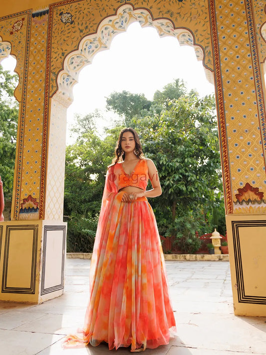 Amberglow Orange Pink Chiffon Lehenga Set - Ragavi