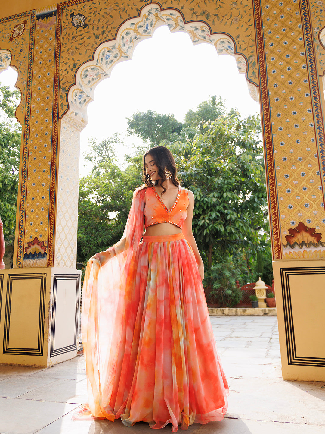 Amberglow Orange Pink Chiffon Lehenga Set