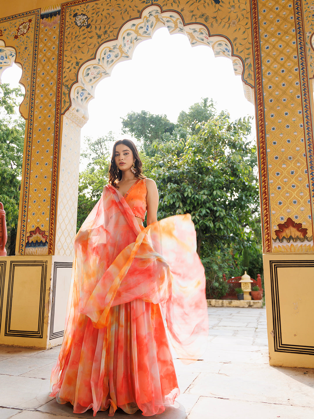 Amberglow Orange Pink Chiffon Lehenga Set