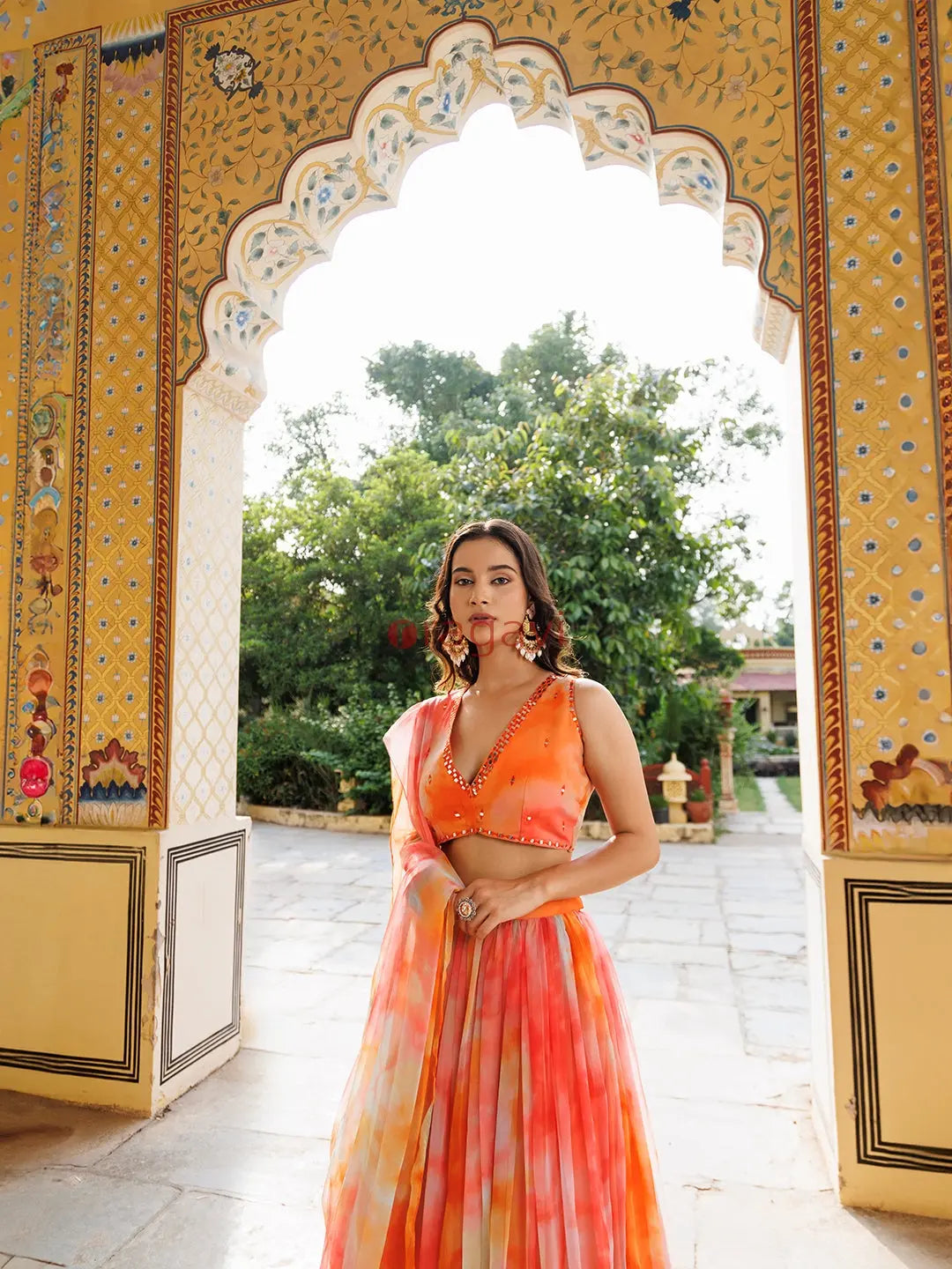 Amberglow Orange Pink Chiffon Lehenga Set - Ragavi