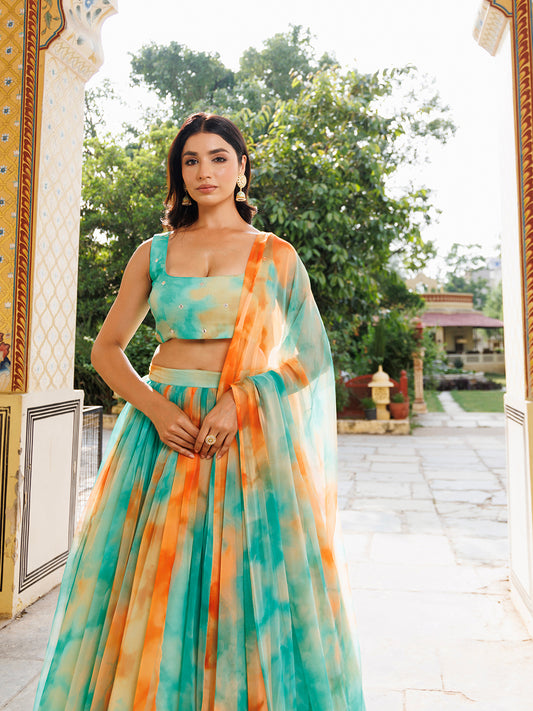 Nectarine Green Orange Chiffon Lehenga Set