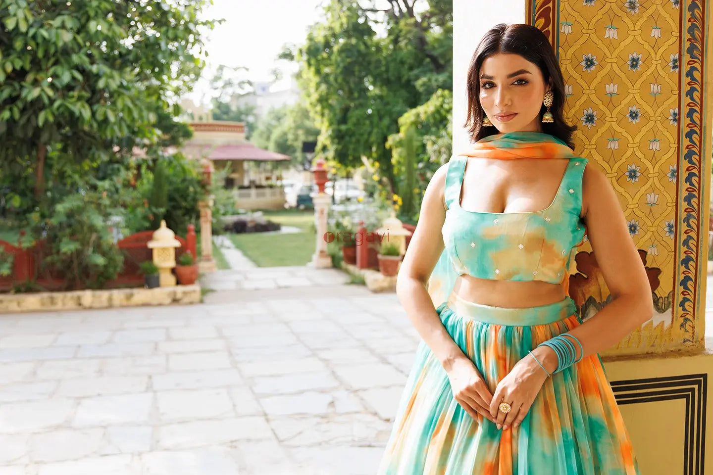 Nectarine Green Orange Chiffon Lehenga Set - Ragavi