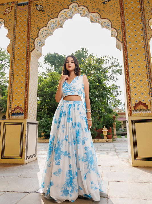 Hawaiian White Blue Floral Printed Chiffon Lehenga Set With Jacket