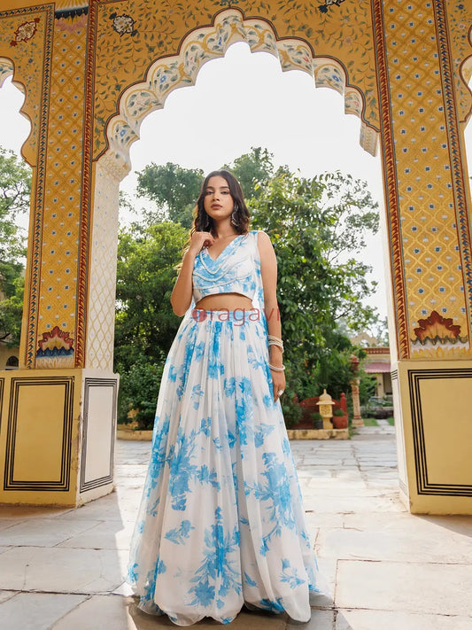 Hawaiian White Blue Floral Printed Chiffon Lehenga Set With Jacket - Ragavi