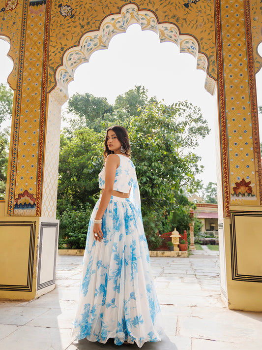 Hawaiian White Blue Floral Printed Chiffon Lehenga Set