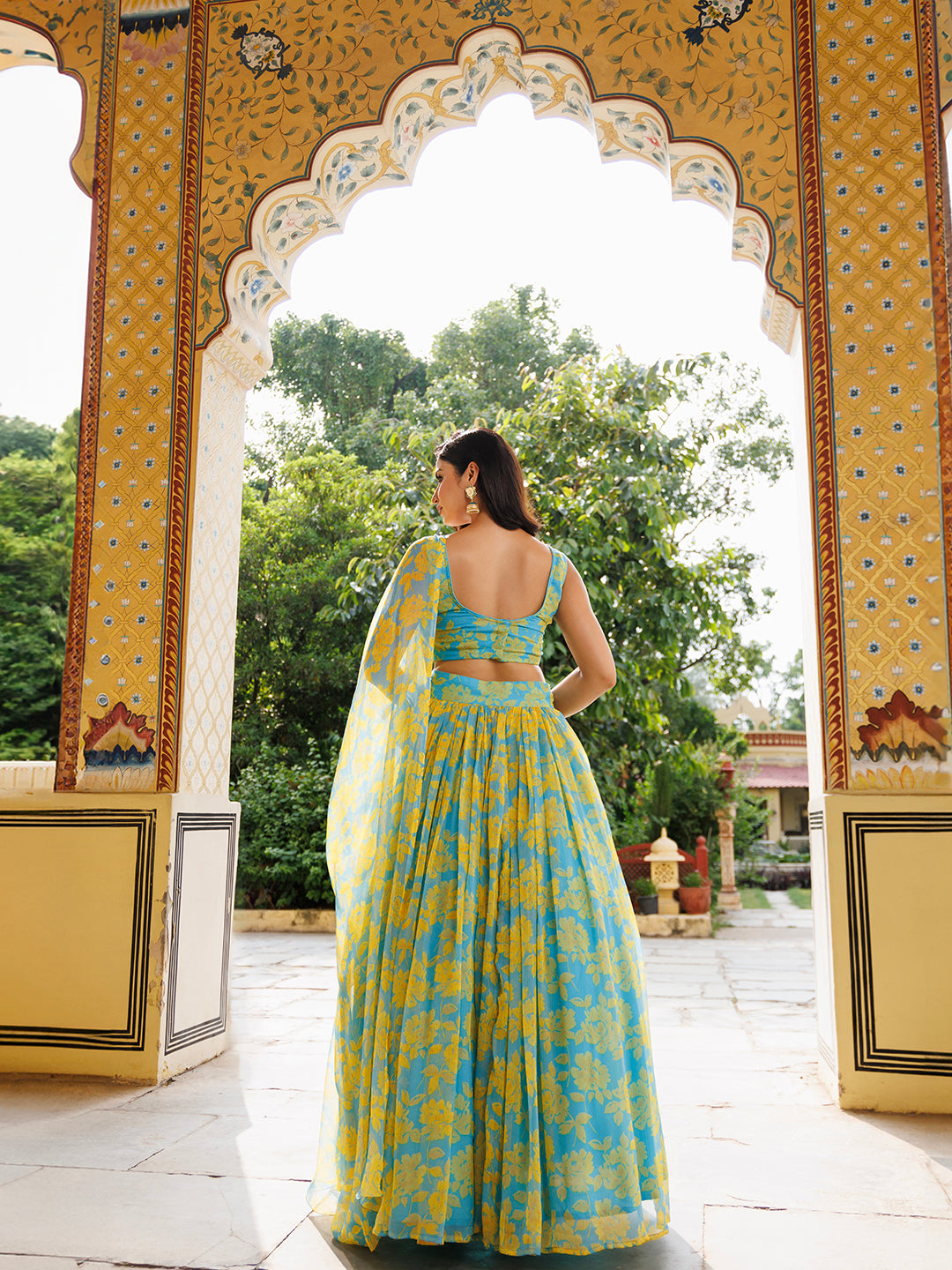 Aqua Bay Blue Yellow Floral Printed Chiffon Lehenga Set
