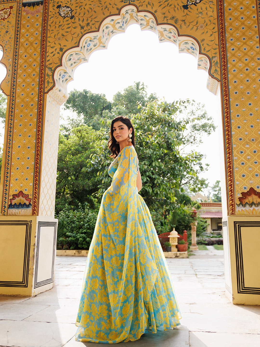 Aqua Bay Blue Yellow Floral Printed Chiffon Lehenga Set