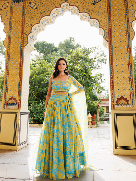 Aqua Bay Blue Yellow Floral Printed Chiffon Lehenga Set