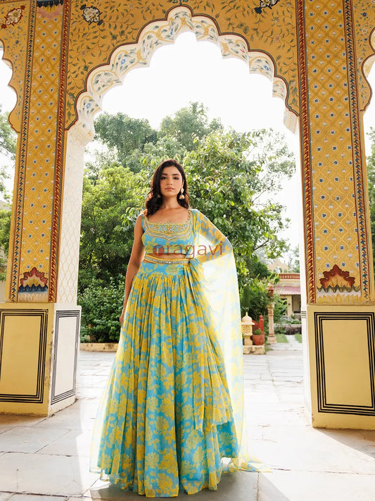 Aqua Bay Blue Yellow Floral Printed Chiffon Lehenga Set - Ragavi