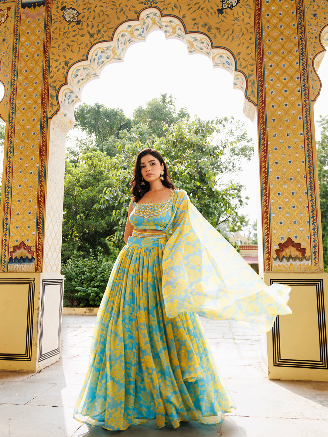 Aqua Bay Blue Yellow Floral Printed Chiffon Lehenga Set