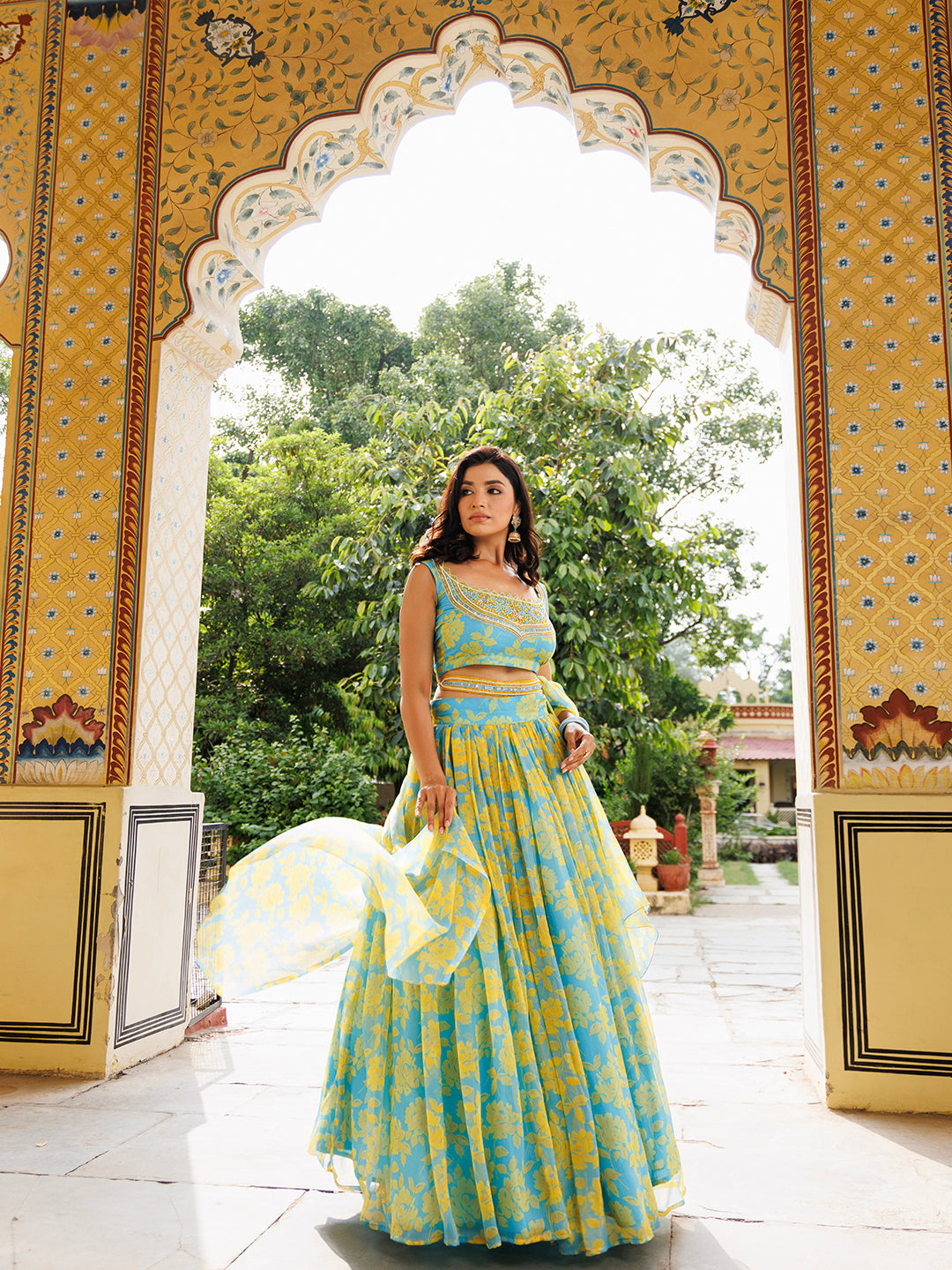 Aqua Bay Blue Yellow Floral Printed Chiffon Lehenga Set