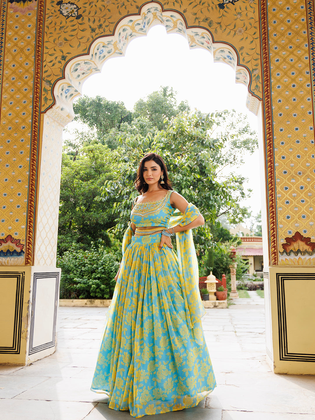 Aqua Bay Blue Yellow Floral Printed Chiffon Lehenga Set