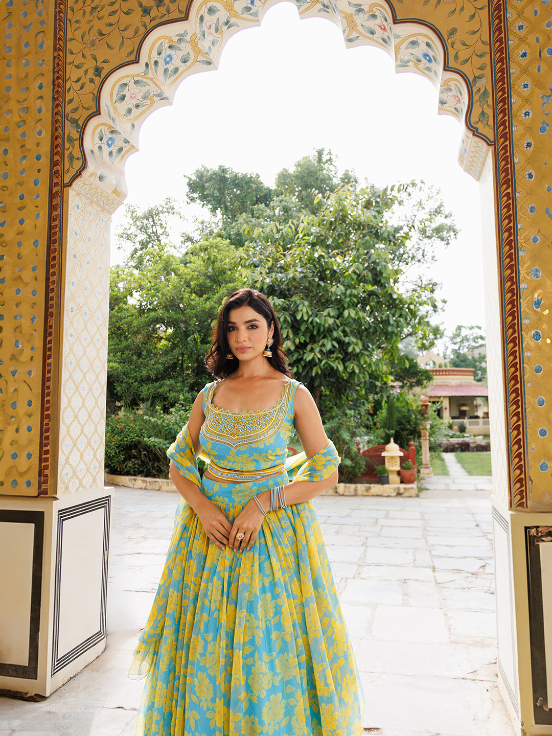 Aqua Bay Blue Yellow Floral Printed Chiffon Lehenga Set
