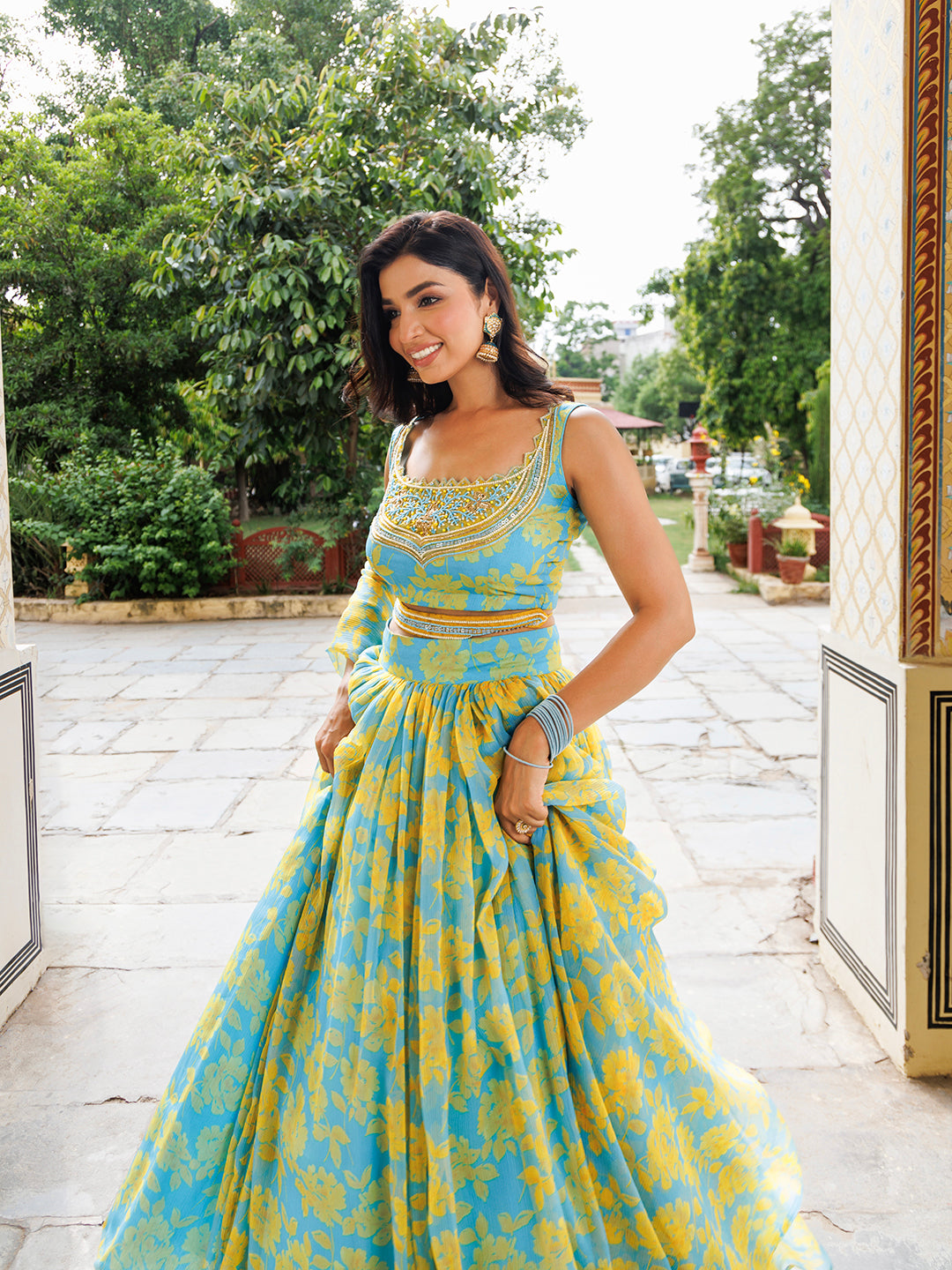 Aqua Bay Blue Yellow Floral Printed Chiffon Lehenga Set