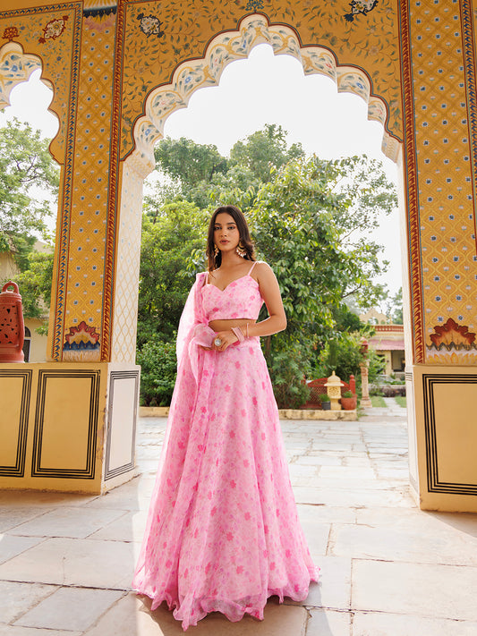 Tender Touch Pink Floral Printed Chiffon Lehenga Set