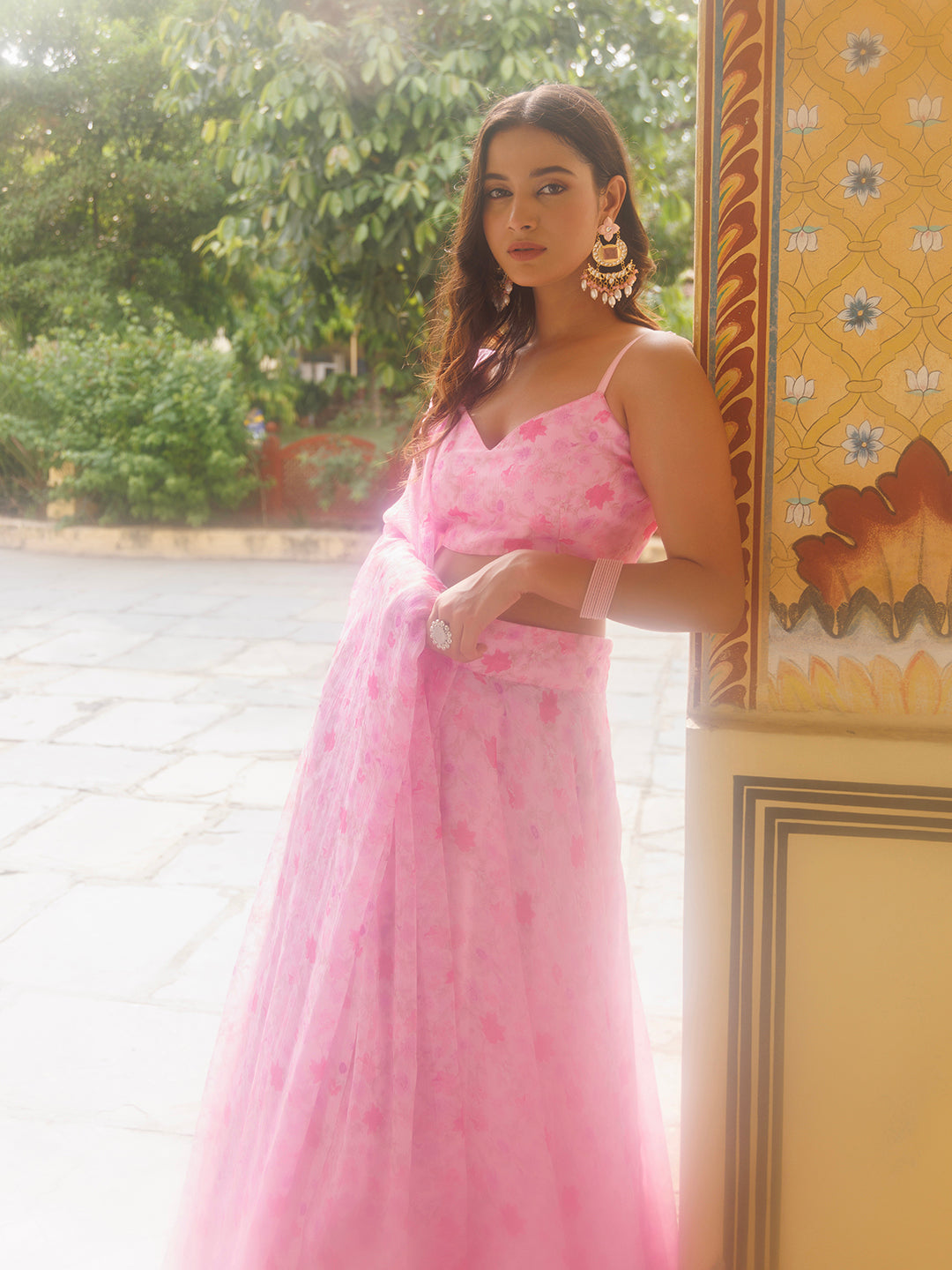 Tender Touch Pink Floral Printed Chiffon Lehenga Set