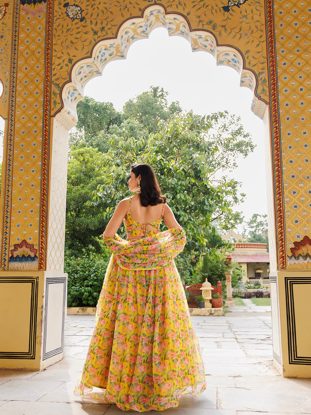 Lemon Chrome Yellow Floral Printed Chiffon Lehenga Set