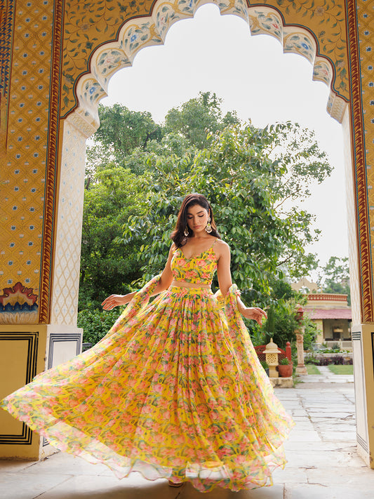Lemon Chrome Yellow Floral Printed Chiffon Lehenga Set
