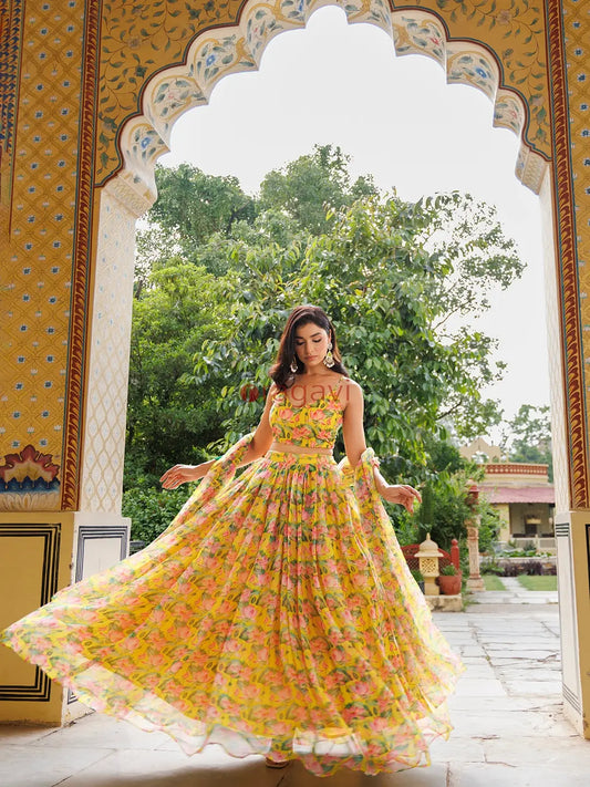 Lemon Chrome Yellow Floral Printed Chiffon Lehenga Set - Ragavi