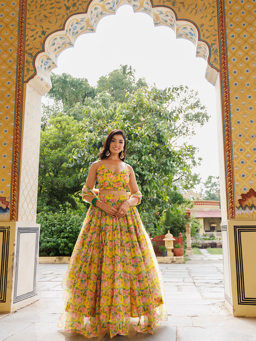 Lemon Chrome Yellow Floral Printed Chiffon Lehenga Set