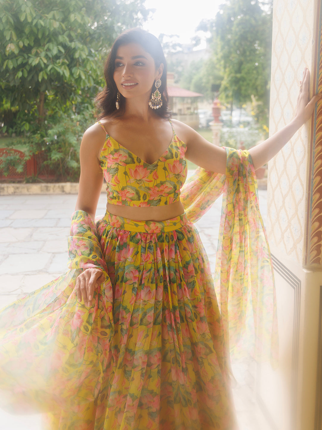 Lemon Chrome Yellow Floral Printed Chiffon Lehenga Set