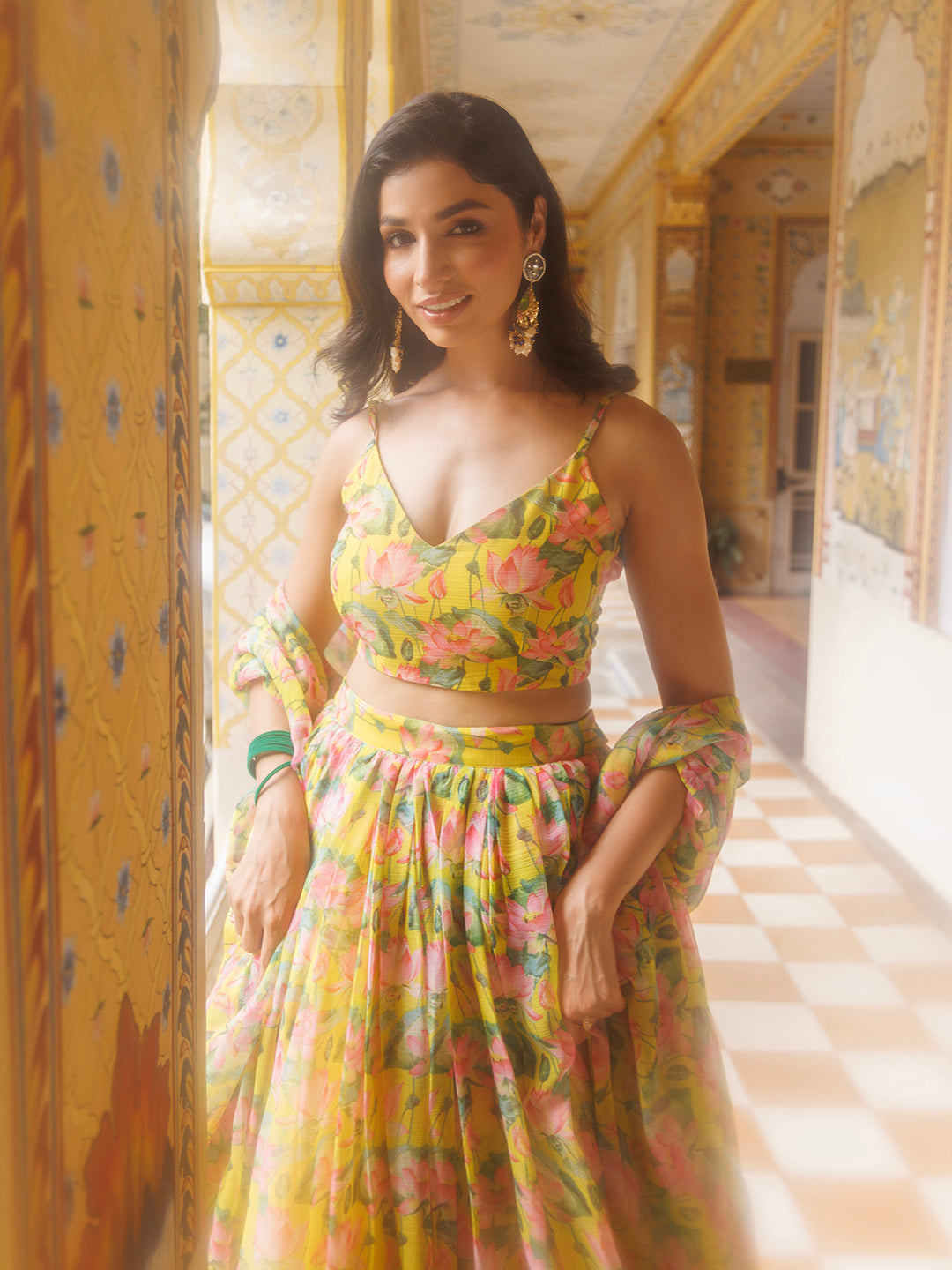 Lemon Chrome Yellow Floral Printed Chiffon Lehenga Set
