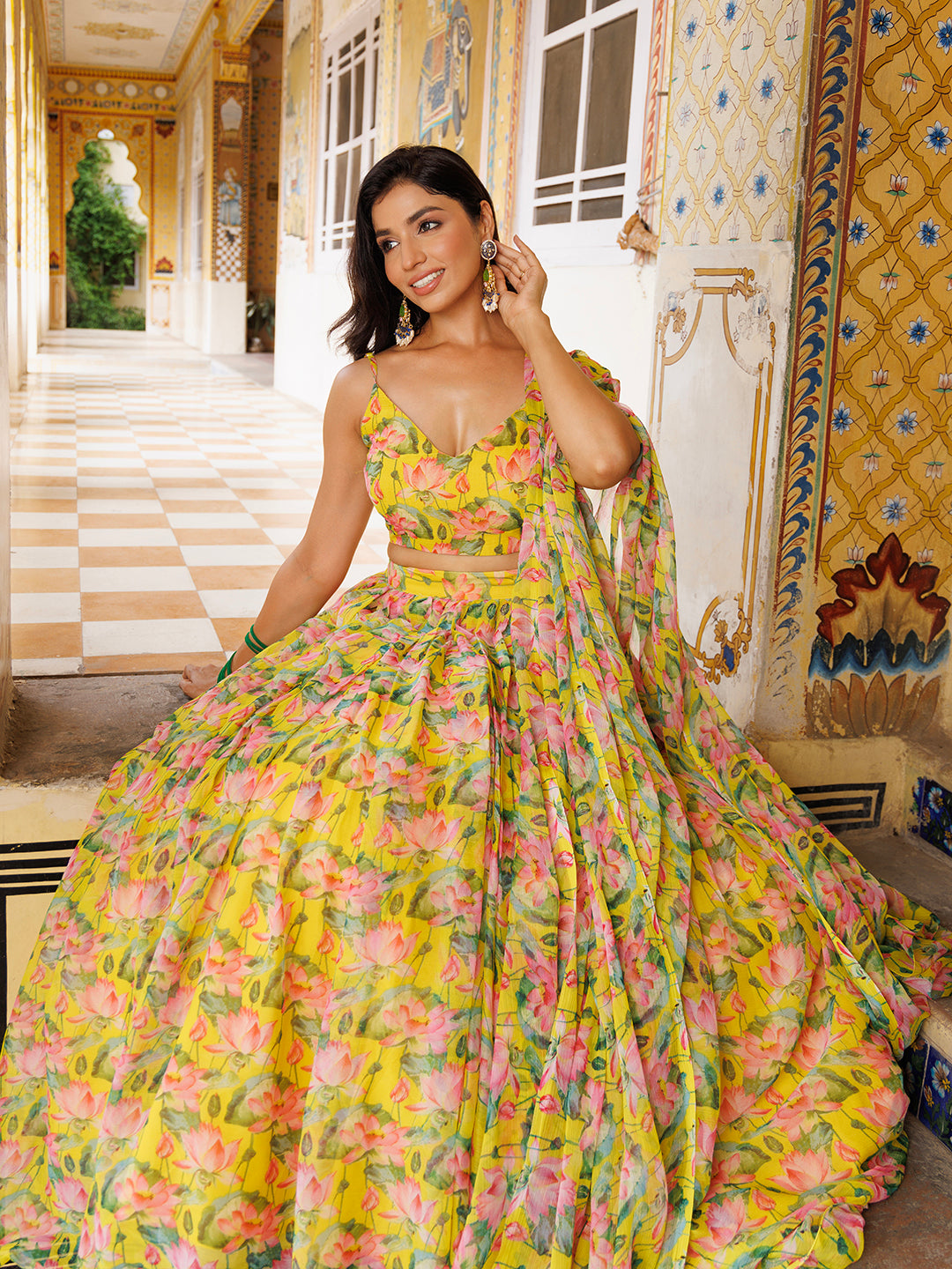 Lemon Chrome Yellow Floral Printed Chiffon Lehenga Set