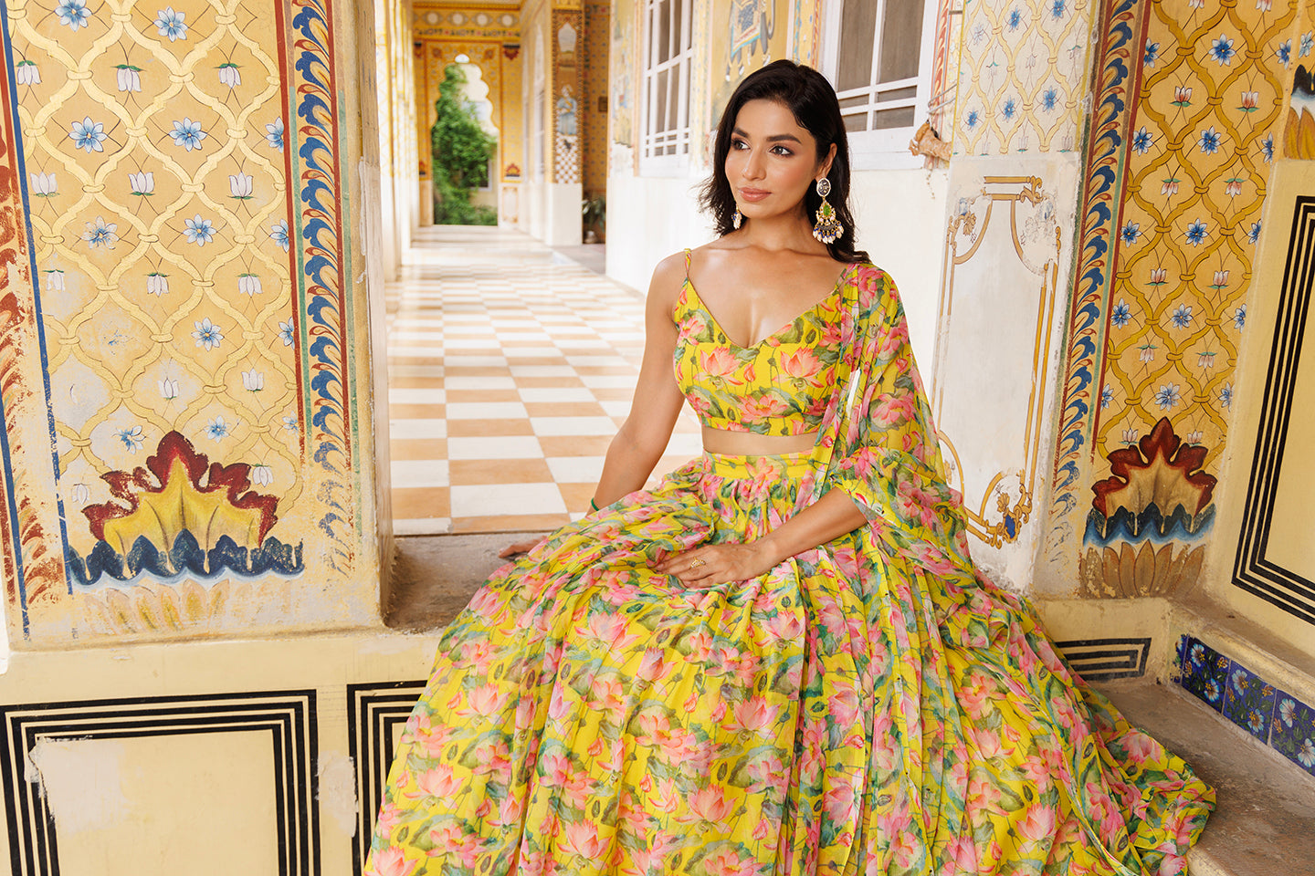 Lemon Chrome Yellow Floral Printed Chiffon Lehenga Set