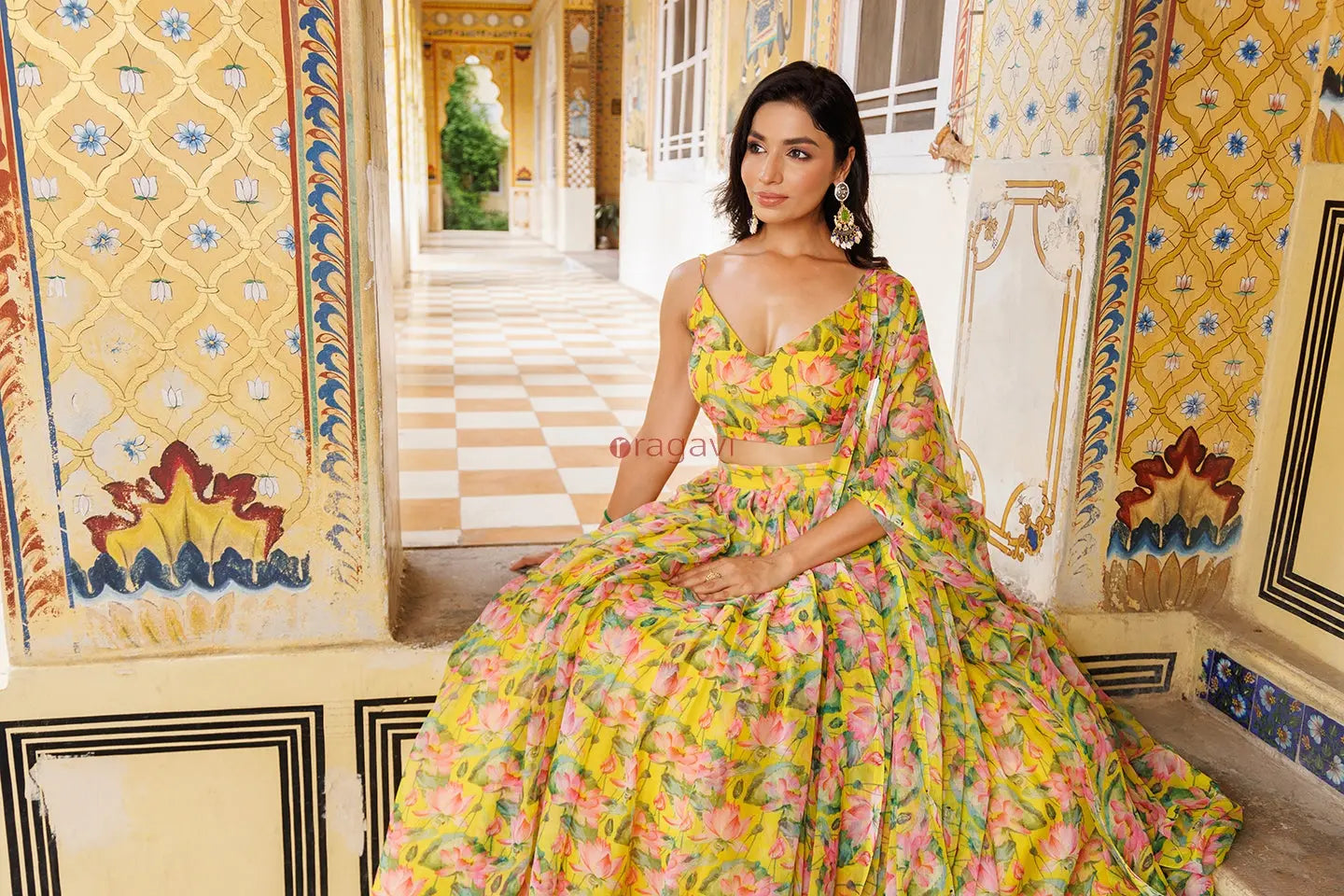 Lemon Chrome Yellow Floral Printed Chiffon Lehenga Set - Ragavi