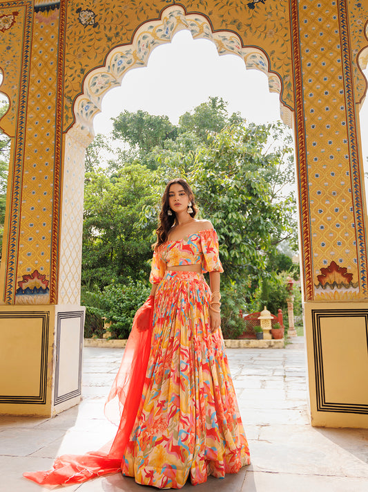 Yellow and Red Chinon Lehenga
