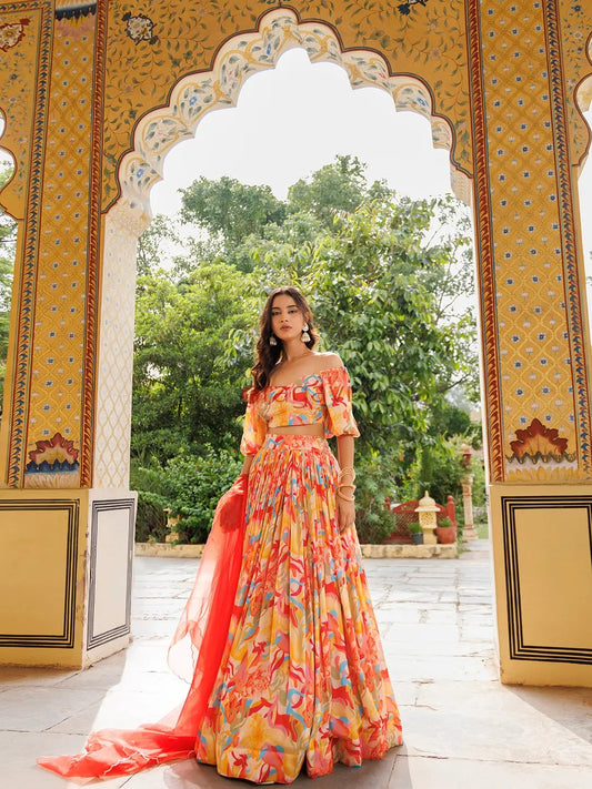 Yellow and Red Chinon Lehenga - Ragavi