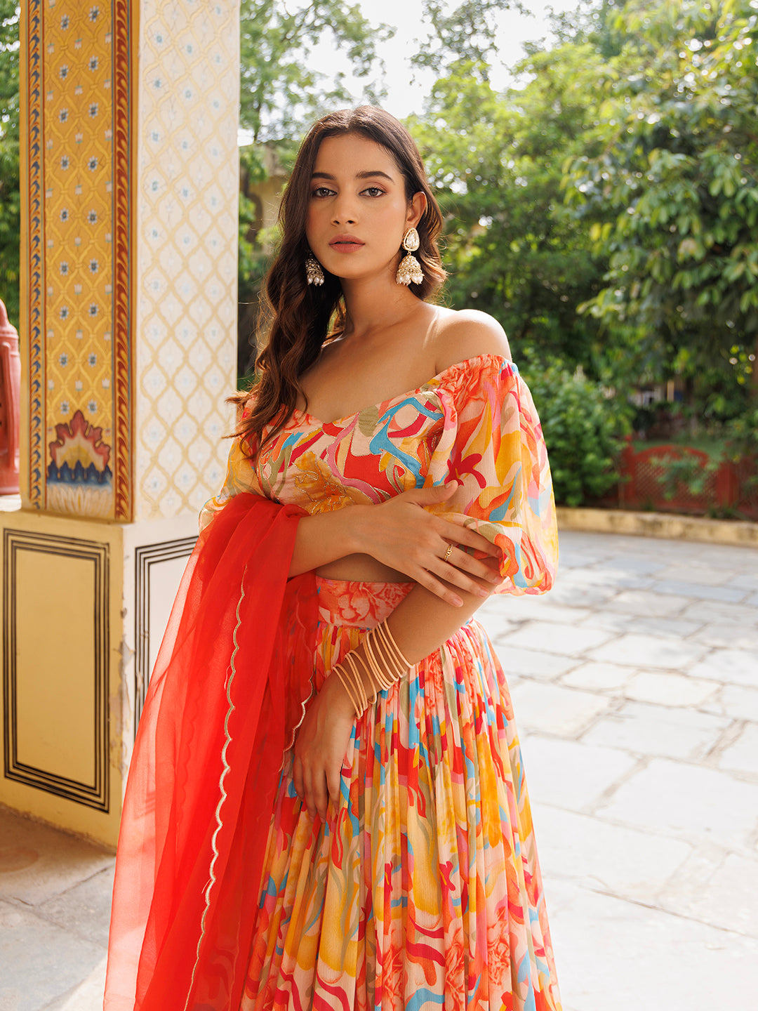 Yellow and Red Chinon Lehenga