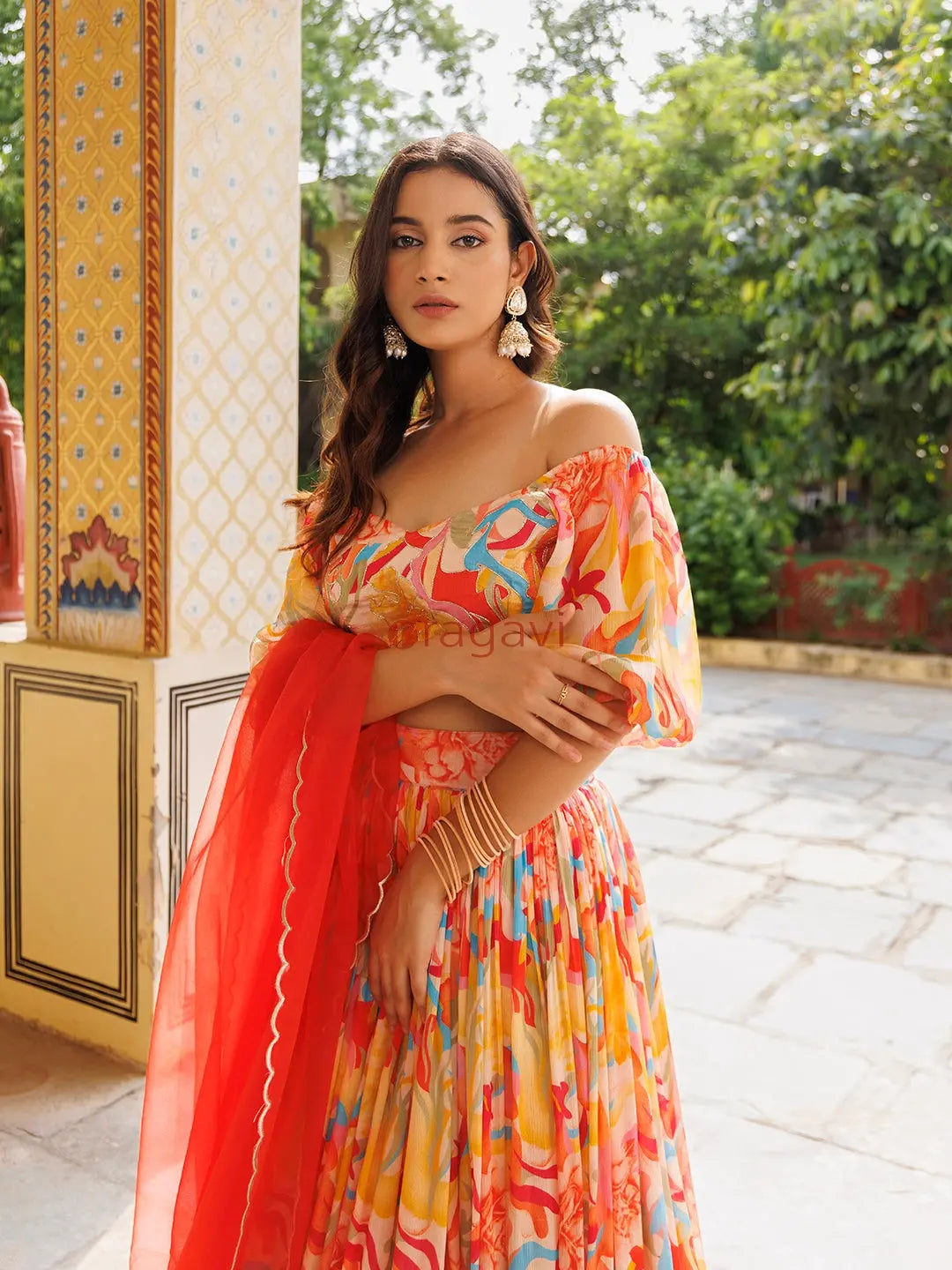 Yellow and Red Chinon Lehenga - Ragavi