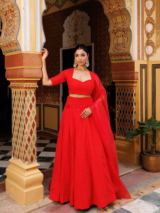 Fire Red Chikankari Lehenga Set - Ragavi