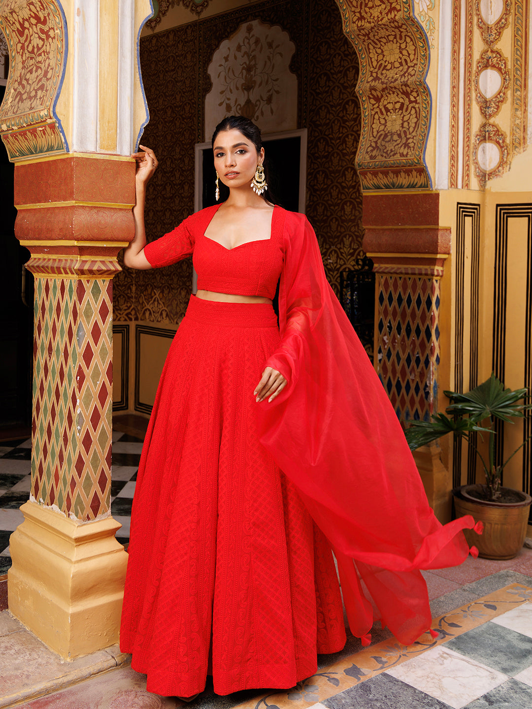 Fire Red Chikankari Lehenga Set