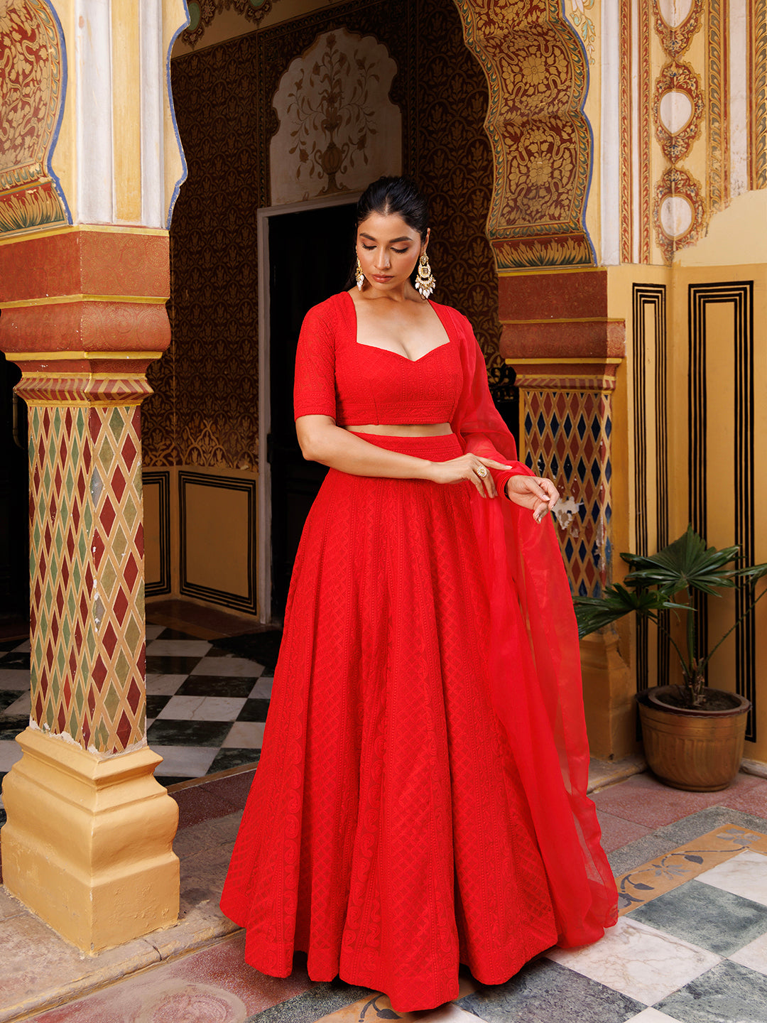 Fire Red Chikankari Lehenga Set
