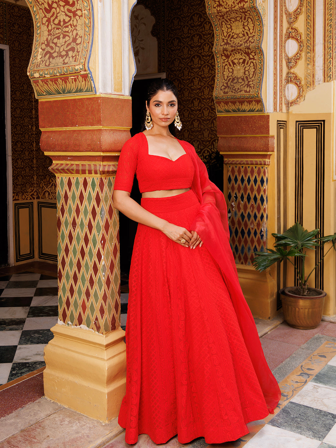 Fire Red Chikankari Lehenga Set