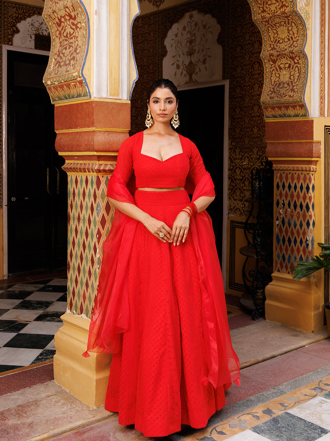 Fire Red Chikankari Lehenga Set