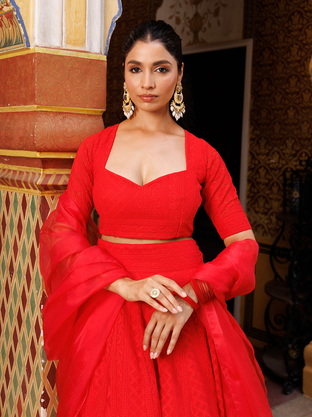 Fire Red Chikankari Lehenga Set