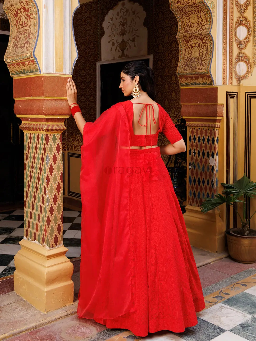 Fire Red Chikankari Lehenga Set - Ragavi