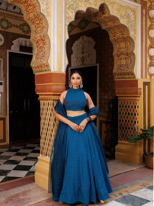 Bunting Indigo Blue Chikankari Lehenga Set - Ragavi