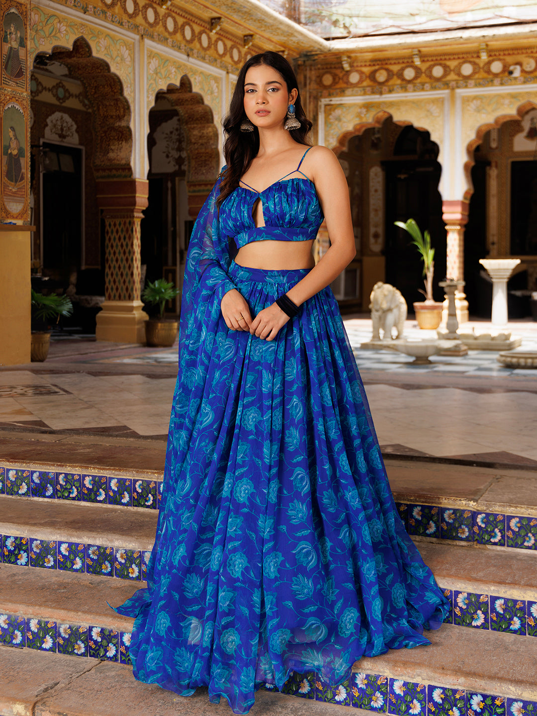 Lapis Blue Floral Printed Chiffon Lehenga Set
